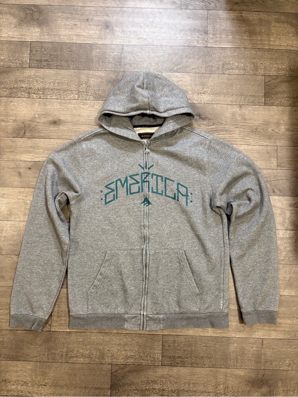 Emerica Gray Full Zip-Up Hoodie with Teal Logo Y2K
